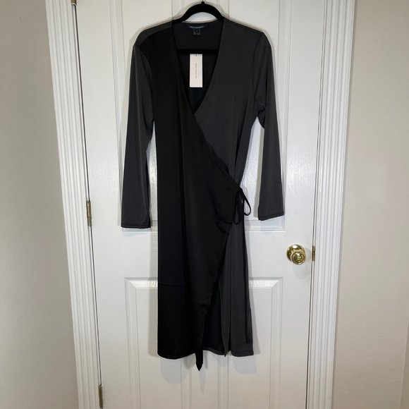 Black & Gray Dual Toned Midi Wrap Long Sleeve Dress L - NEW - Picture 2 of 9
